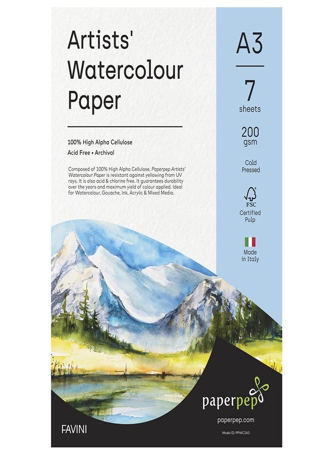 PaperPep ورق ألوان مائية للفنانين من PaperPep، 200 غرام/متر مربع، مضغوط على البارد، مقاس A3، عبوة من 7 أوراق، مناسب للألوان المائية، والغواش، والحبر، والأكريليك، والوسائط الرطبة والمختلطة، والرسم الفني، والتخطيط، للفنانين والهواة. - Image 1